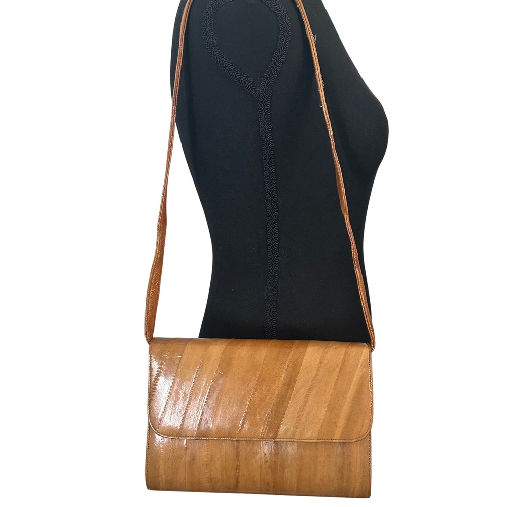 Vintage Eel Skin S.D. Shoulder Bag Clutch Caramel Tan Leather Made Korea 1980s